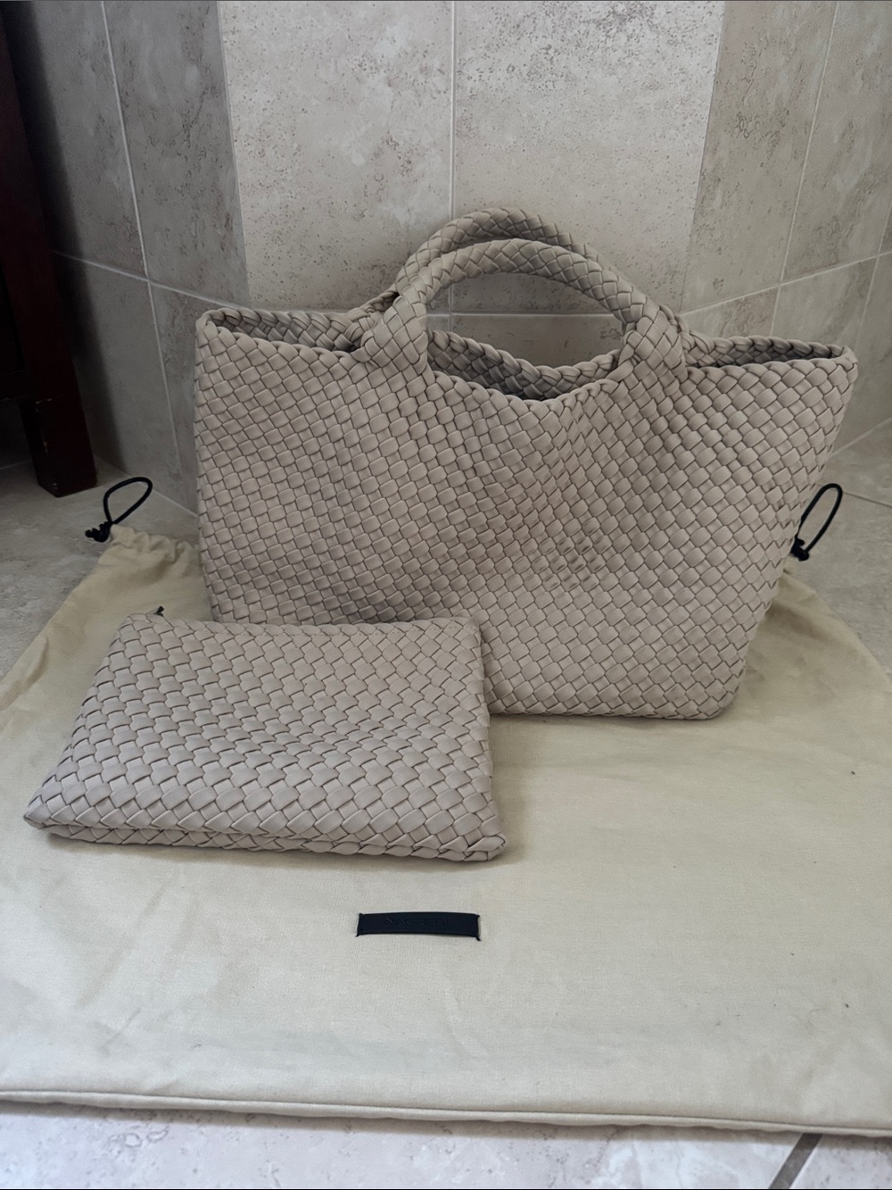 Naghedi medium Woven Top-Handle Tote with Matching Pouch in cream